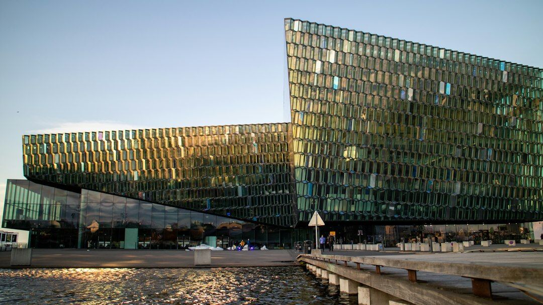 Modern glass office building exterior in a European city