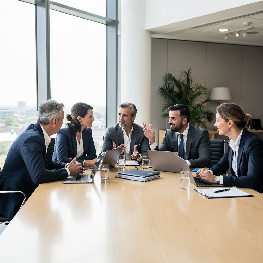 Group of European business leaders discussing around a table in a meeting room