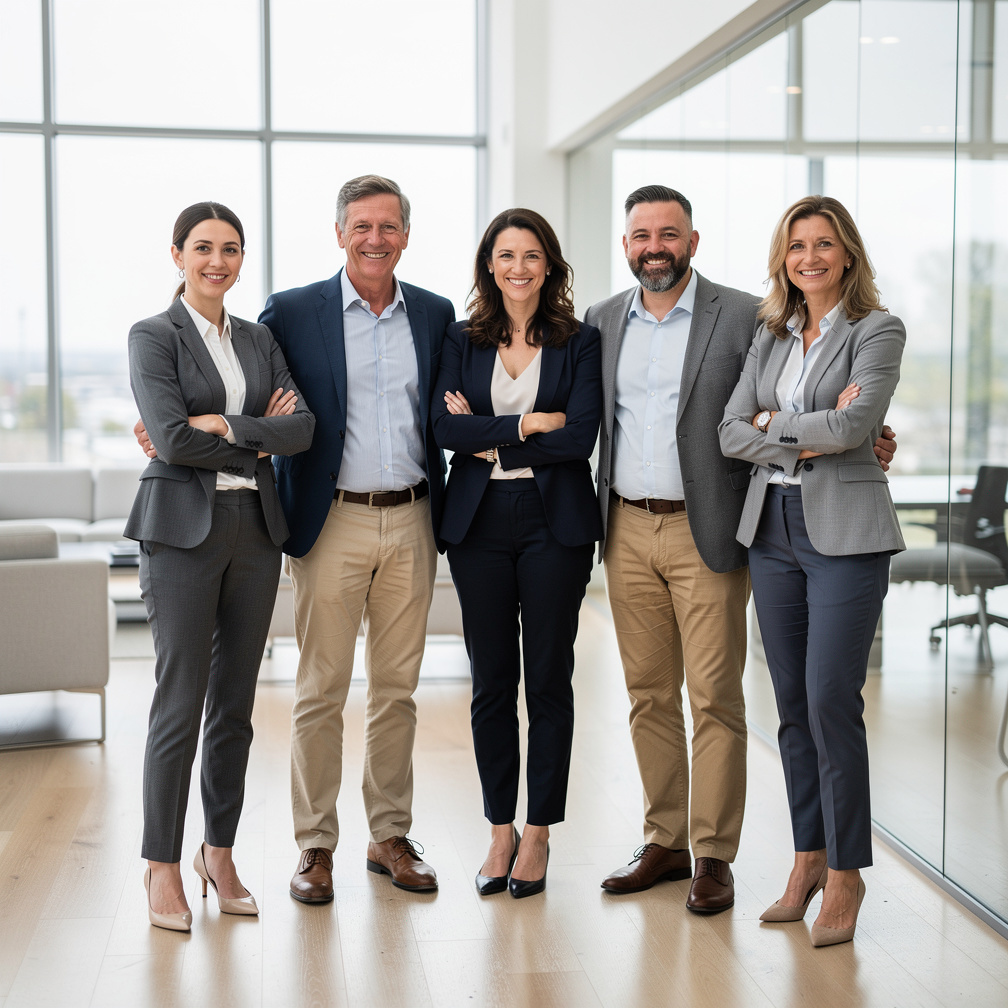 Diverse team of European colleagues standing together in an office
