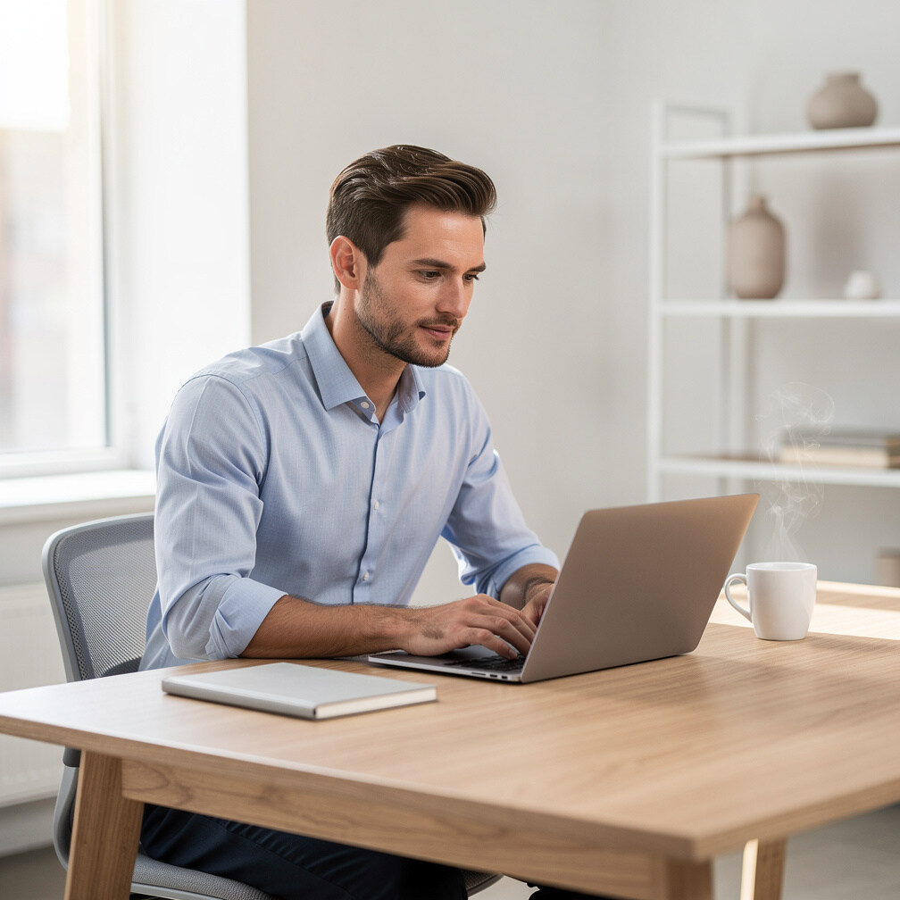 European professional working on a laptop at an office desk